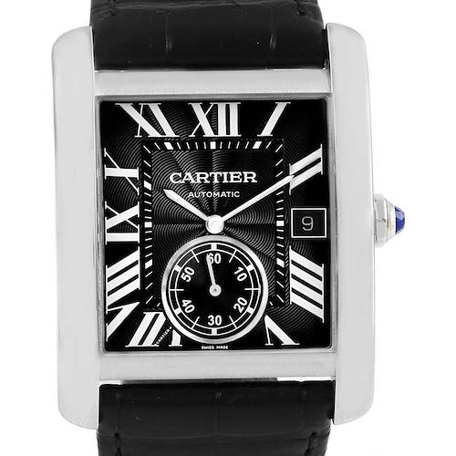 The image shows a Cartier Tank MC W5330004 Men's Stainless Steel Black Dial W5330004 Men's Stainless Steel Black Dial watch from the front, highlighting the dial, Roman numerals, hands, and date window.