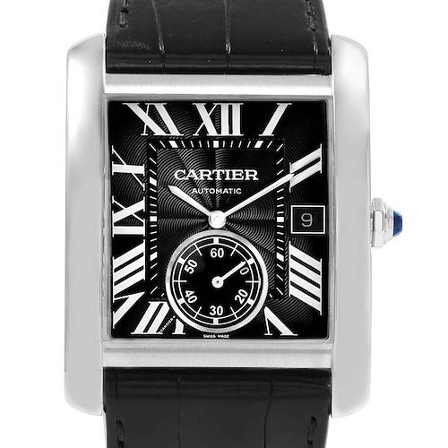 The image shows a frontal view of the Cartier Tank MC Men's Stainless Steel Black Dial Men's Stainless Steel Black Dial watch, highlighting its dial, Roman numerals, and date window.