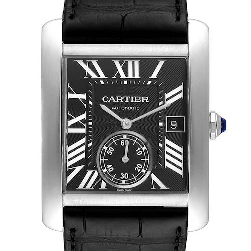 The image shows a front view of the Cartier Tank MC W5330004 Men's Stainless Steel Black Dial W5330004 Men's Stainless Steel Black Dial watch, featuring the dial, hands, date window, and black leather strap.