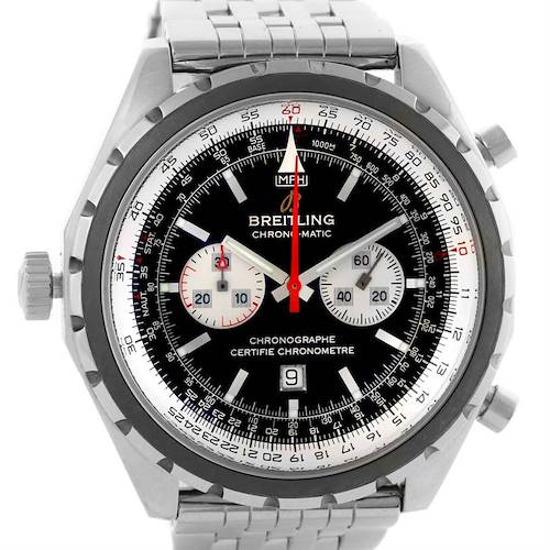The image shows a front angle of a Breitling Chronomatic A41360 Men's Stainless Steel Black Dial A41360 Men's Stainless Steel Black Dial watch highlighting its dial, chronograph sub-dials, and stainless steel bracelet.