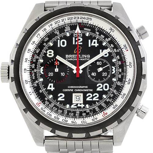 This image shows a front view of the Breitling Chronomatic A22360 Men's Stainless Steel Black Dial A22360 Men's Stainless Steel Black Dial watch, displaying its face, bezel, and bracelet.