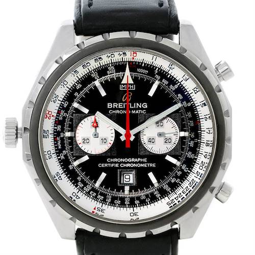 This image shows a front view of the Breitling Chronomatic A41360 Men's Stainless Steel Black Dial A41360 Men's Stainless Steel Black Dial watch, displaying its dial, bezel, subdials, and strap.