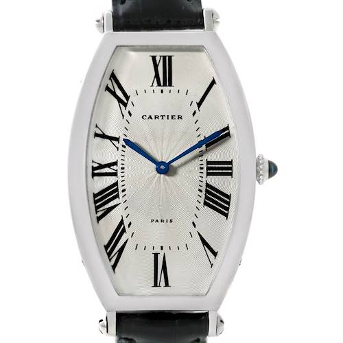 The Cartier Tonneau W1546351 Women's Platinum Silver Dial W1546351 Women's Platinum Silver Dial model is shown from a top-down angle, displaying the face, dial, and part of the strap.