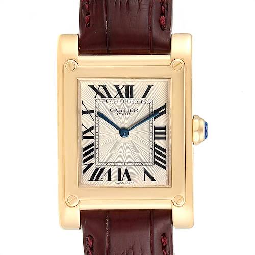 This Cartier Tank A Vis W1539951 Men's Yellow Gold Silver Dial W1539951 Men's Yellow Gold Silver Dial watch is shown from the front, displaying the dial, case, and part of the leather strap.