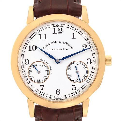 The image shows a front view of the A. Lange & Sohne 1815 223.021 Men's Yellow Gold White Dial watch, highlighting its white dial, gold casing, and subdials.