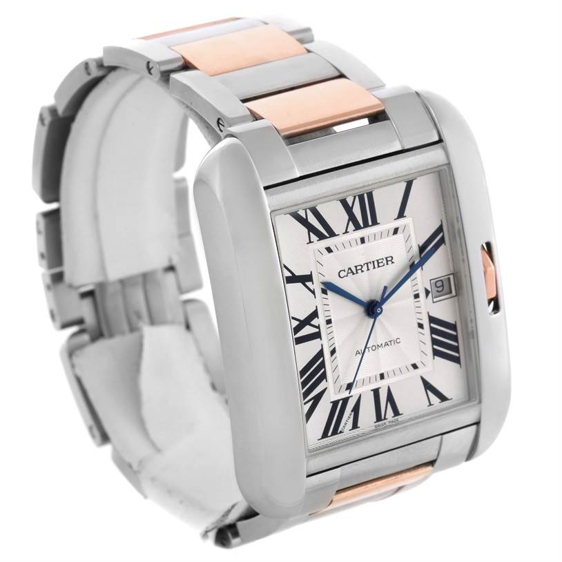 The image displays a Cartier Tank Anglaise W5310006 Men's Steel and Gold (two tone) Silver Dial W5310006 Men's Steel and Gold (two tone) Silver Dial watch at a three-quarter angle, highlighting the face and part of the bracelet.