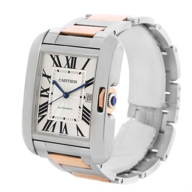 This is a side-view angle of the Cartier Tank Anglaise W5310006 Men's Steel and Gold (two tone) Silver Dial W5310006 Men's Steel and Gold (two tone) Silver Dial watch, showing its face, crown, and part of the bracelet.