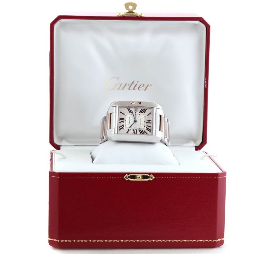 The Cartier Tank Anglaise W5310006 Men's Steel and Gold (two tone) Silver Dial W5310006 Men's Steel and Gold (two tone) Silver Dial watch is displayed front-facing within an open red box.