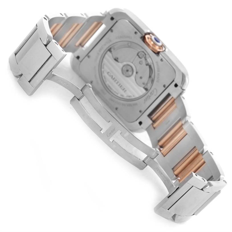 The image shows the back view of a Cartier Tank Anglaise W5310006 Men's Steel and Gold (two tone) Silver Dial W5310006 Men's Steel and Gold (two tone) Silver Dial watch, highlighting its bracelet and deployment clasp.