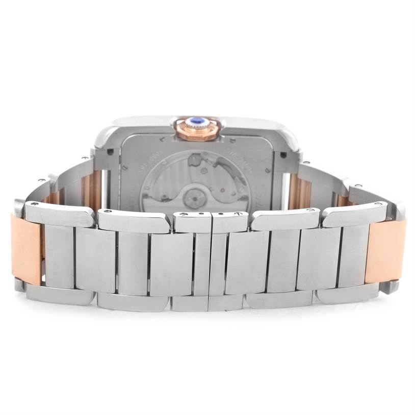 The image shows the back view of the Cartier Tank Anglaise W5310006 Men's Steel and Gold (two tone) Silver Dial W5310006 Men's Steel and Gold (two tone) Silver Dial watch, focusing on the case back, crown, and bracelet.