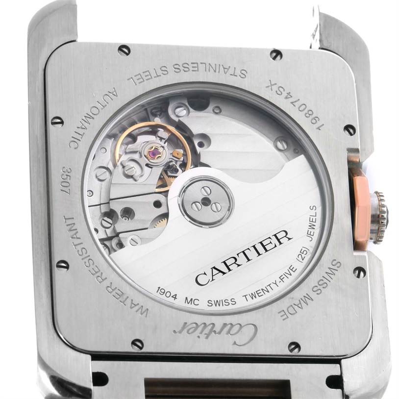 This image shows the back of the Cartier Tank Anglaise W5310006 Men's Steel and Gold (two tone) Silver Dial W5310006 Men's Steel and Gold (two tone) Silver Dial watch, highlighting its automatic movement and internal mechanisms.