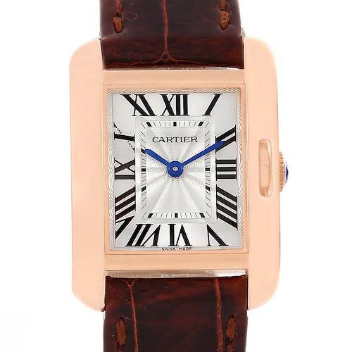 This is a front view of the Cartier Tank Anglaise WT100024 Women's Rose Gold Silver Dial WT100024 Women's Rose Gold Silver Dial watch, showing the dial, hands, case, and leather strap.
