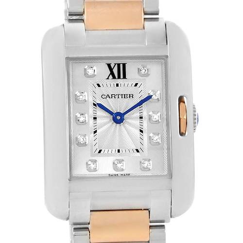 This image shows a front view of a Cartier Tank Anglaise WT100024 Women's Steel and Gold (two tone) Silver Dial WT100024 Women's Steel and Gold (two tone) Silver Dial watch, highlighting its face, dial, and bracelet.