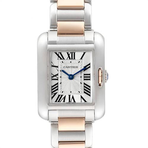 This Cartier Tank Anglaise W5310019 Women's Steel and Gold (two tone) Silver Dial W5310019 Women's Steel and Gold (two tone) Silver Dial watch is shown from the front, displaying the face, Roman numeral dial, and part of the two-tone bracelet.