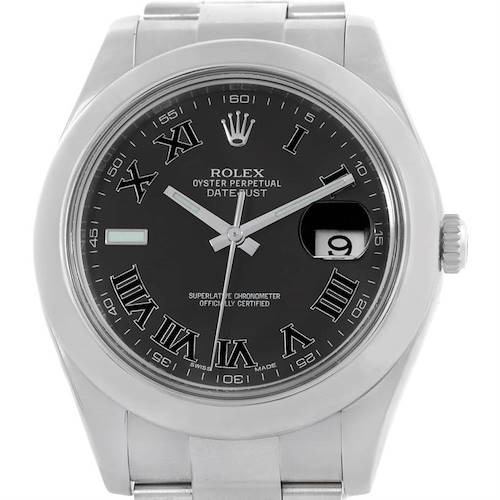 The image shows a front view of the Rolex Datejust 41 116300 Men's Stainless Steel Black Dial 116300 Men's Stainless Steel Black Dial watch, highlighting the black dial, Roman numerals, and the date window at 3 o'clock.