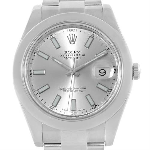 The image shows a front view of the Rolex Datejust 41 116300 Men's Stainless Steel Silver Dial 116300 Men's Stainless Steel Silver Dial, displaying the dial, watch face, and part of the bracelet.