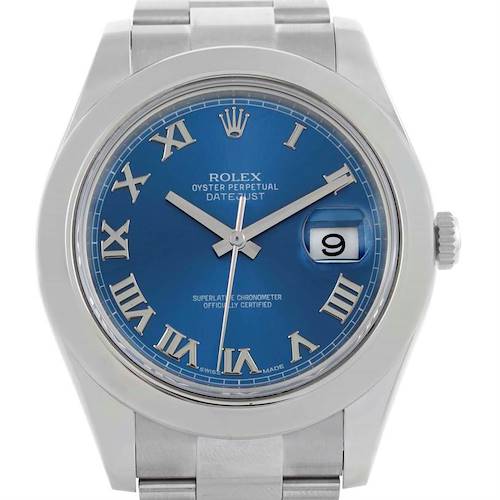 The Rolex Datejust 41 116300 Men's Stainless Steel Blue Dial 116300 Men's Stainless Steel Blue Dial watch is shown from the front angle, highlighting its blue dial with Roman numerals, date display, and silver bracelet.