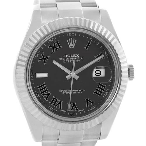 The image shows a front view of the Rolex Datejust 41 116334 Men's Stainless Steel Grey Dial 116334 Men's Stainless Steel Grey Dial watch, highlighting its black dial, fluted bezel, and date window.
