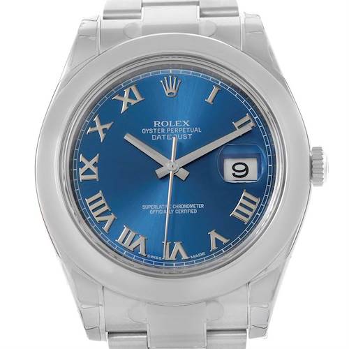 The image shows a frontal view of the Rolex Datejust 41 116300 Men's Stainless Steel Blue Dial 116300 Men's Stainless Steel Blue Dial watch, showcasing its blue dial, Roman numerals, and date indicator.