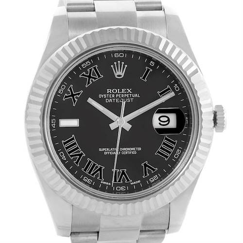 The image shows a front view of a Rolex Datejust 41 116334 Men's Stainless Steel Grey Dial 116334 Men's Stainless Steel Grey Dial watch, with a black dial, date window at 3 o'clock, and fluted bezel.