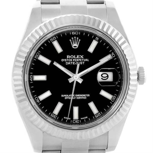 The image shows a front view of a Rolex Datejust 41 116334 Men's Stainless Steel Black Dial 116334 Men's Stainless Steel Black Dial watch, displaying the dial, bezel, and part of the bracelet.