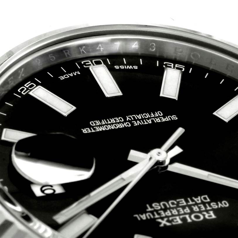 The image shows a close-up of the dial, hands, and partially visible date magnifier of a Rolex Datejust 41 116300 Men's Stainless Steel Black Dial 116300 Men's Stainless Steel Black Dial watch.