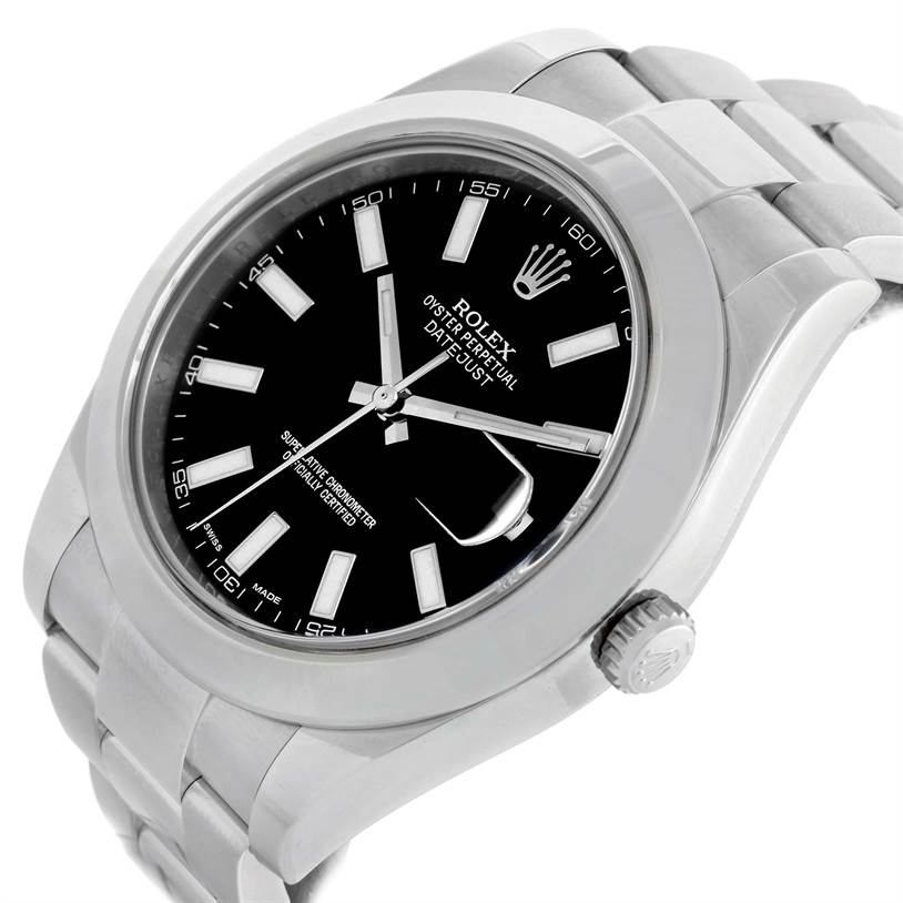 The image shows a Rolex Datejust 41 116300 Men's Stainless Steel Black Dial 116300 Men's Stainless Steel Black Dial watch at an angle highlighting the dial, bezel, crown, and part of the bracelet.