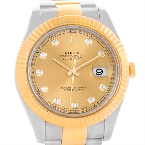 The image shows a front view of a Rolex Datejust 41 116333 Men's Steel and Gold (two tone) Champagne Dial 116333 Men's Steel and Gold (two tone) Champagne Dial watch, showcasing its face, bezel, and part of the bracelet.