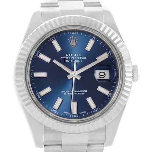This image shows a front view of the Rolex Datejust 41 116334 Men's Stainless Steel Blue Dial 116334 Men's Stainless Steel Blue Dial watch, highlighting its blue dial, fluted bezel, and date display.