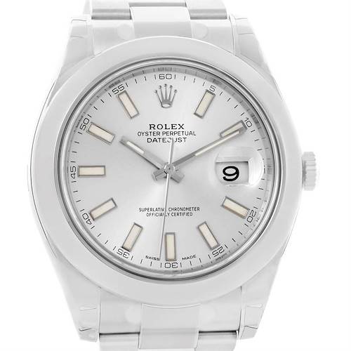 This image shows a front view of the Rolex Datejust 41 116300 Stainless Steel Silver Dial 116300 Stainless Steel Silver Dial watch, highlighting the dial, hands, date window, case, and part of the bracelet.
