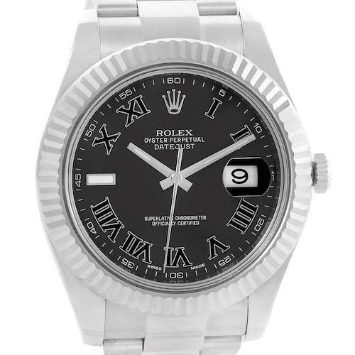 The image shows a frontal view of a Rolex Datejust 41 116334 Men's Stainless Steel Grey Dial 116334 Men's Stainless Steel Grey Dial watch, highlighting its black dial, fluted bezel, and date window at 3 o'clock.