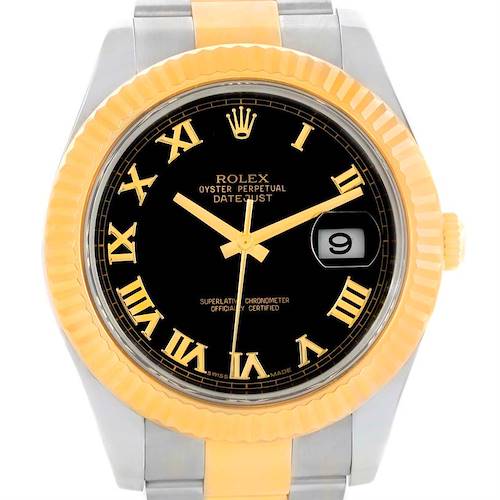 The image shows a front view of the Rolex Datejust 41 116333 Men's Steel and Gold (two tone) Black Dial 116333 Men's Steel and Gold (two tone) Black Dial watch, highlighting its dial, bezel, and part of the bracelet.