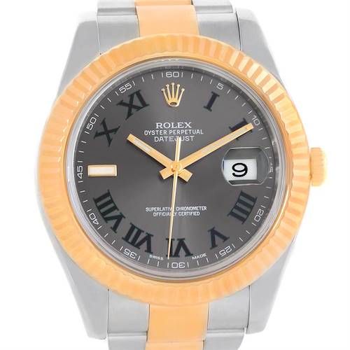 The Rolex Datejust 41 116333GYRO Men's Steel and Gold (two tone) Grey Dial 116333GYRO Men's Steel and Gold (two tone) Grey Dial watch is shown in a front view, displaying its dial, hands, date window, and the bezel.