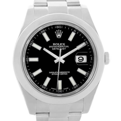 This image shows a frontal view of the Rolex Datejust 41 116300 Men's Stainless Steel Black Dial 116300 Men's Stainless Steel Black Dial, displaying the dial, hands, date window, bezel, and bracelet.