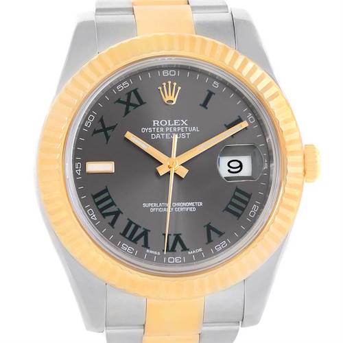 This image shows a front view of the Rolex Datejust 41 116333GYRO Men's Steel and Gold (two tone) Grey Dial 116333GYRO Men's Steel and Gold (two tone) Grey Dial model, displaying the dial, hands, date window, and part of the bezel and bracelet.