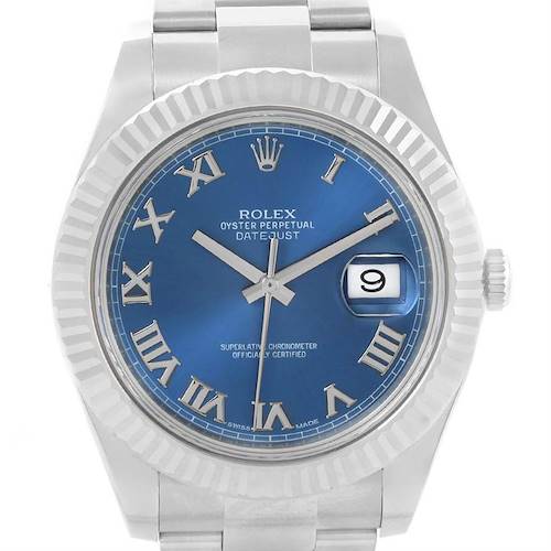 This image shows a front view of the Rolex Datejust 41 116334BLRO Men's Stainless Steel Blue Dial 116334BLRO Men's Stainless Steel Blue Dial watch, including the blue dial, fluted bezel, and Oyster bracelet.