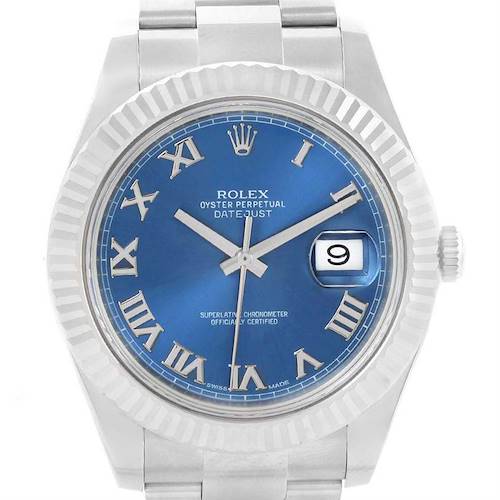 The image shows a front view of the Rolex Datejust 41 116334BLRO Men's Stainless Steel Blue Dial 116334BLRO Men's Stainless Steel Blue Dial watch, highlighting its blue dial, Roman numerals, and date window.