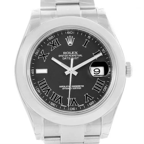 The image shows a front view of a Rolex Datejust 41 116300 Men's Stainless Steel Grey Dial 116300 Men's Stainless Steel Grey Dial watch displaying its face, including the hands, Roman numeral markers, and date window.