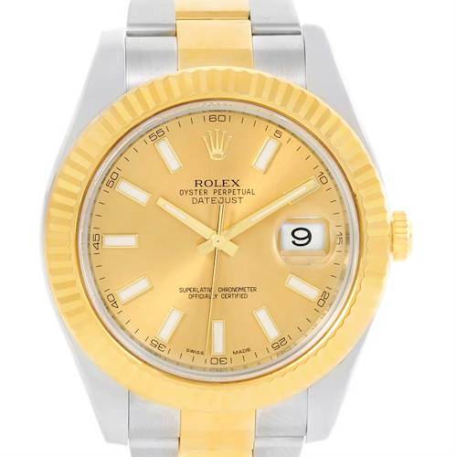 The image shows a frontal view of a Rolex Datejust 41 116333 Men's Steel and Gold (two tone) Champagne Dial 116333 Men's Steel and Gold (two tone) Champagne Dial watch, highlighting the dial, bezel, hands, and bracelet.