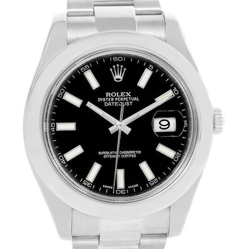 The image shows a front view of a Rolex Datejust 41 116300 Men's Stainless Steel Black Dial 116300 Men's Stainless Steel Black Dial watch, highlighting its black dial, hour markers, and date window.