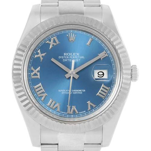This Rolex Datejust 41 116334BLRO Men's Stainless Steel Blue Dial 116334BLRO Men's Stainless Steel Blue Dial watch is shown from a front angle, highlighting its blue dial, Roman numerals, and date display.