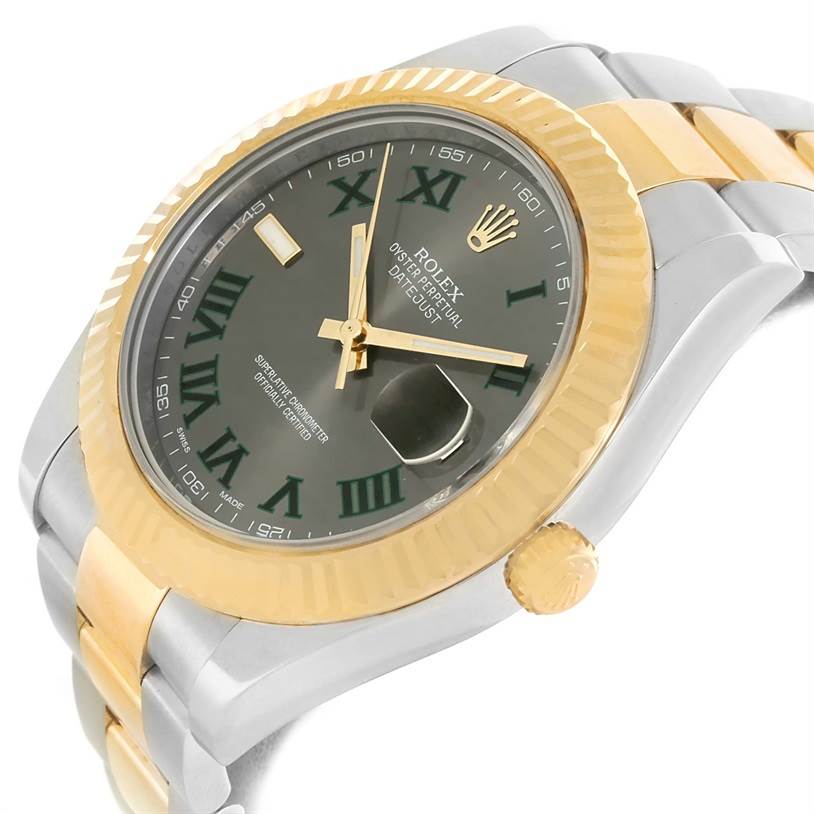 This close-up angled view of the Rolex Datejust 41 116333 Men's Steel and Gold (two tone) Grey Dial 116333 Men's Steel and Gold (two tone) Grey Dial watch shows the dial, bezel, crown, and part of the bracelet.