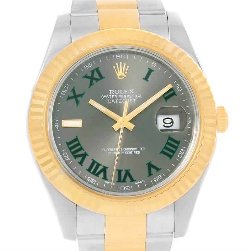 This Rolex Datejust 41 116333 Men's Steel and Gold (two tone) Grey Dial 116333 Men's Steel and Gold (two tone) Grey Dial watch is shown from a front angle, highlighting the dial, bezel, and part of the bracelet.