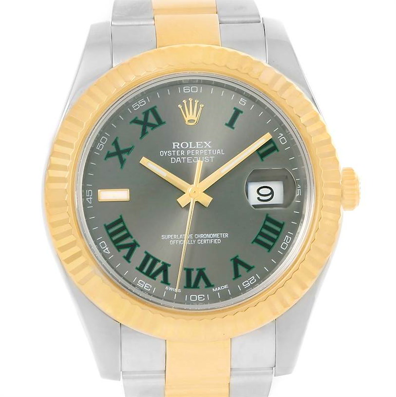 This Rolex Datejust 41 116333 Men's Steel and Gold (two tone) Grey Dial 116333 Men's Steel and Gold (two tone) Grey Dial watch is shown from a front angle, highlighting the dial, bezel, and part of the bracelet.