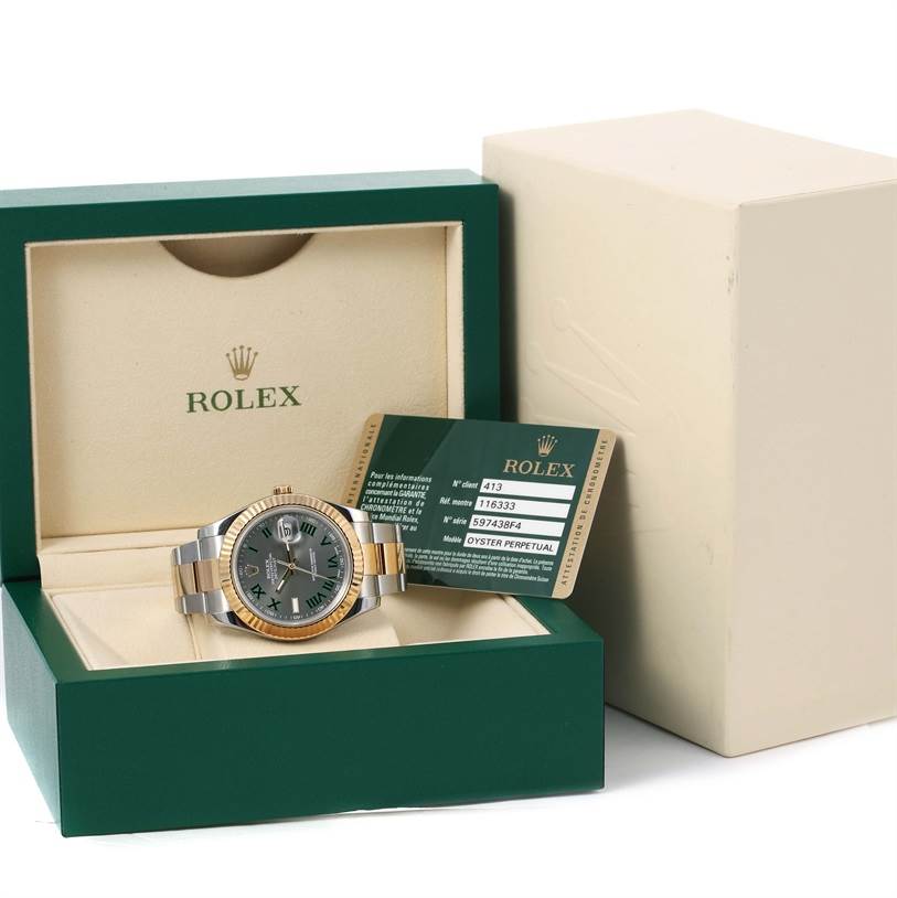 The Rolex Datejust 41 116333 Men's Steel and Gold (two tone) Grey Dial 116333 Men's Steel and Gold (two tone) Grey Dial is shown in an open box with its warranty card and packaging.