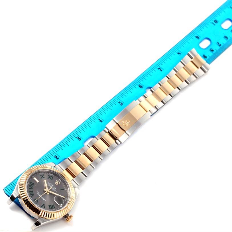 The image shows a Rolex Datejust 41 116333 Men's Steel and Gold (two tone) Grey Dial 116333 Men's Steel and Gold (two tone) Grey Dial model watch laid flat with the entire bracelet and case visible next to a blue ruler.
