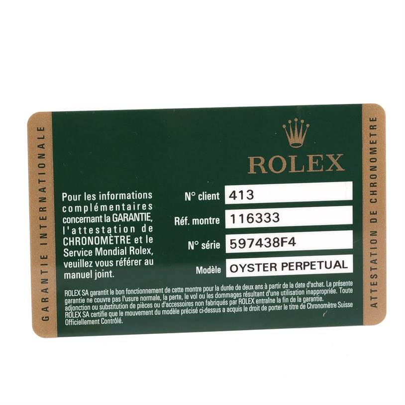 This image shows a guarantee card for a Rolex Datejust 41 116333 Men's Steel and Gold (two tone) Grey Dial 116333 Men's Steel and Gold (two tone) Grey Dial watch, displaying model number, serial number, and client number.