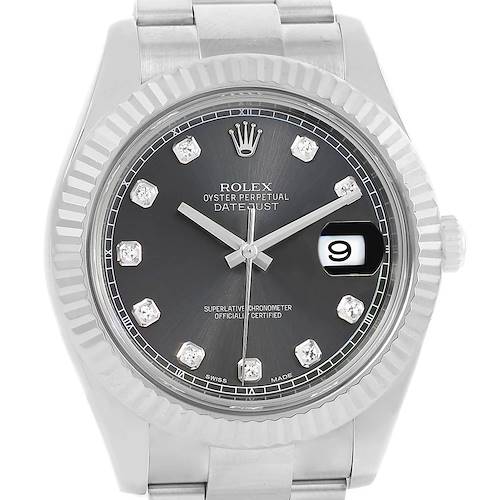 The image shows a front view of the Rolex Datejust 41 116334BLRO Men's Stainless Steel Grey Dial 116334BLRO Men's Stainless Steel Grey Dial watch, displaying the dial, bezel, and part of the bracelet.
