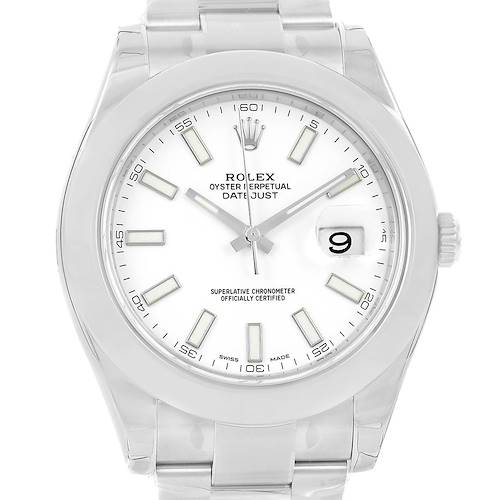 The image shows a front view of the Rolex Datejust 41 116300 Men's Stainless Steel White Dial 116300 Men's Stainless Steel White Dial watch, displaying the dial, bezel, crown, and part of the bracelet.