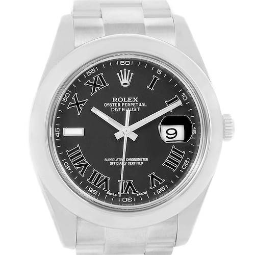 The image shows a front view of a Rolex Datejust 41 116300 Men's Stainless Steel Grey Dial 116300 Men's Stainless Steel Grey Dial watch, highlighting its black dial, Roman numerals, and date window.